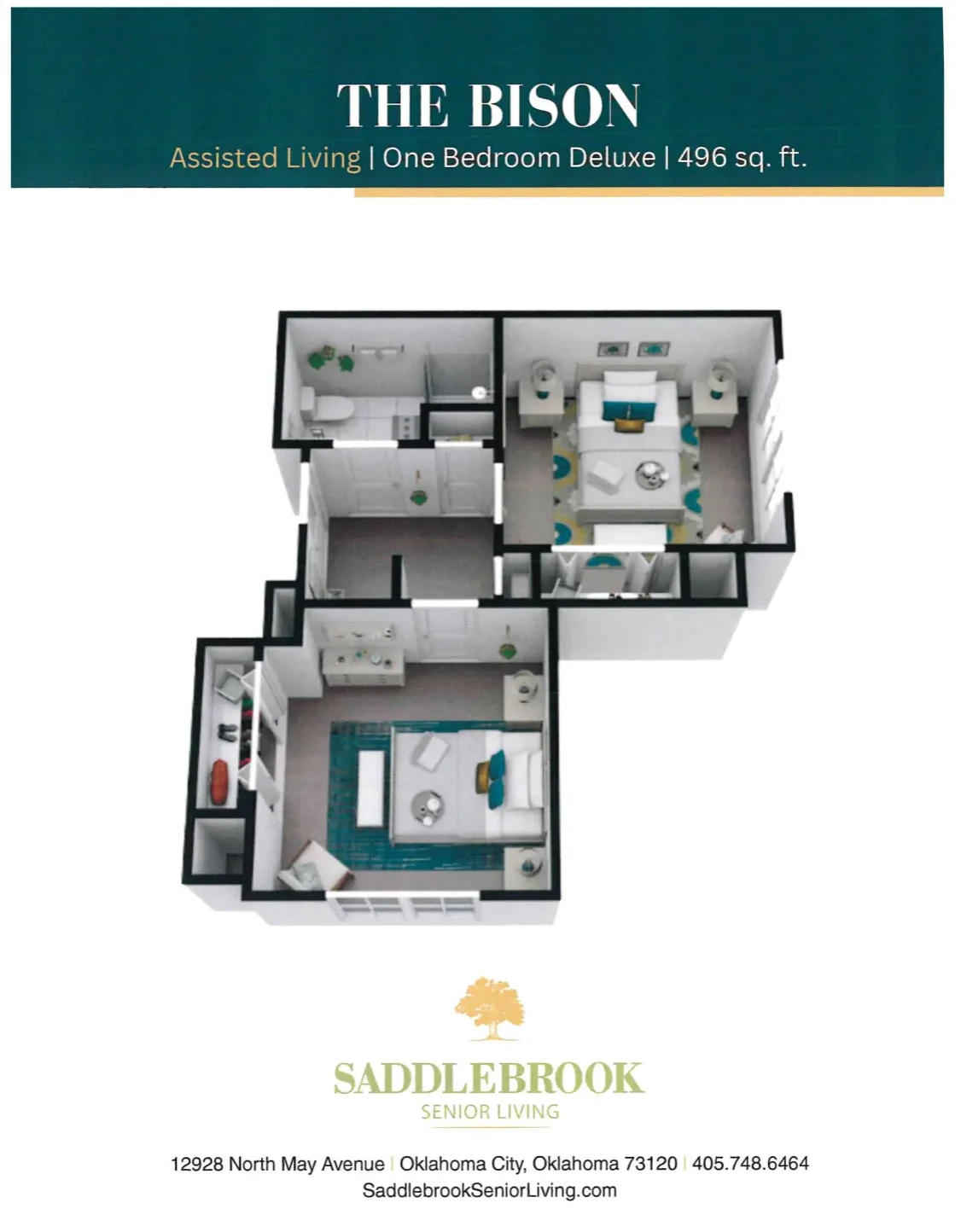 The Bison assisted living one-bedroom deluxe floor plan, 496 square feet, with a bedroom, bathroom, living area, and entry space
