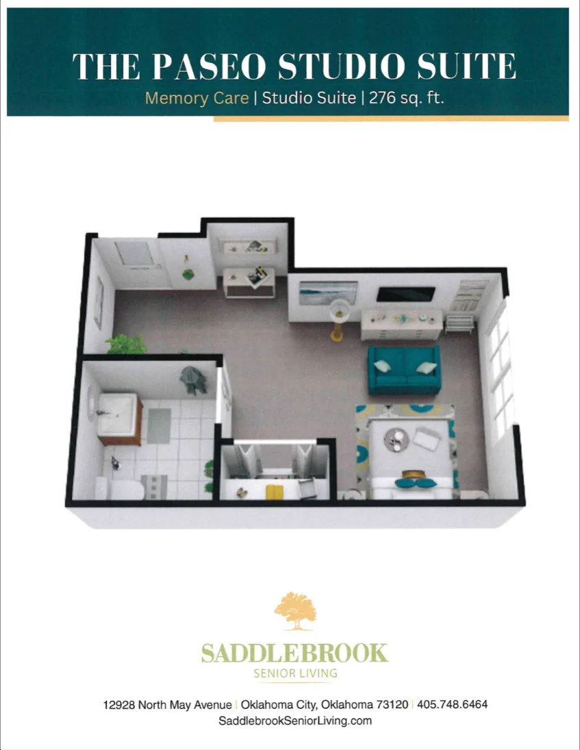 The Paseo Studio Suite memory care studio floor plan, 276 square feet, with its full furnished layout illustration