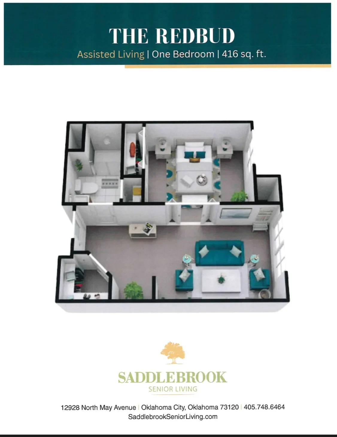 The Redbud assisted living one-bedroom floor plan, 416 square feet, with a bedroom, bathroom, living area, and entry space