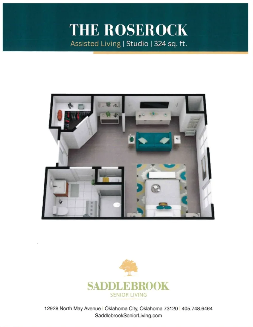 The Roserock assisted living studio floor plan, 324 square feet, with a living area, kitchenette, bathroom, and sleeping area