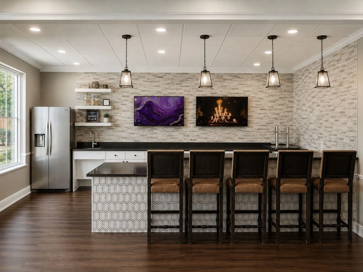 Saddlebrook community kitchen with a long island, fireplace, and generous windows