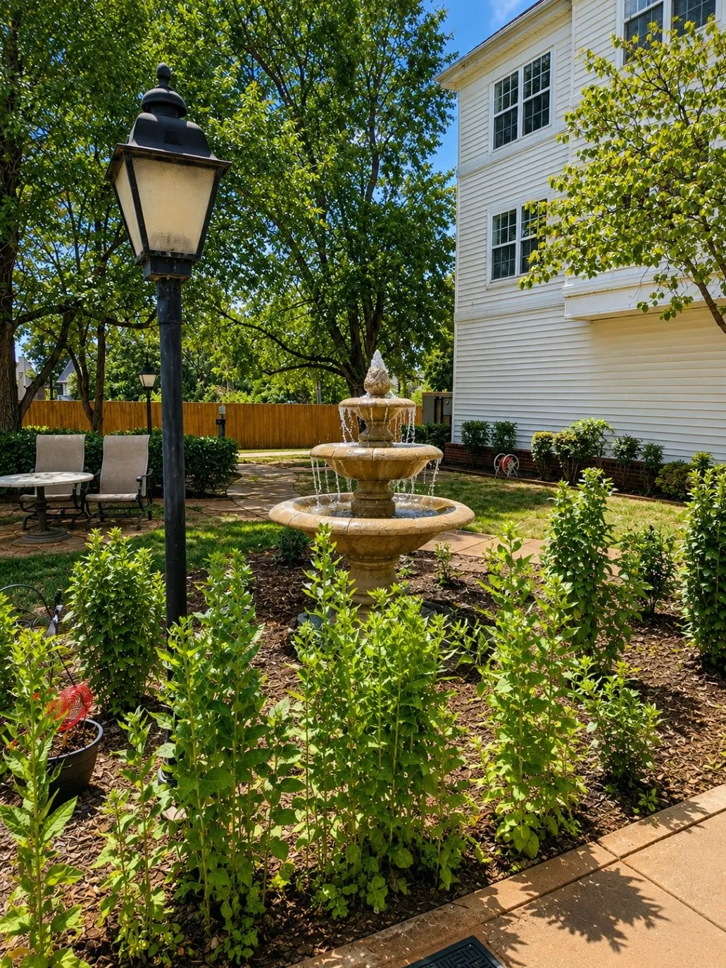 Landscaped Saddlebrook courtyard with a fountain and garden path