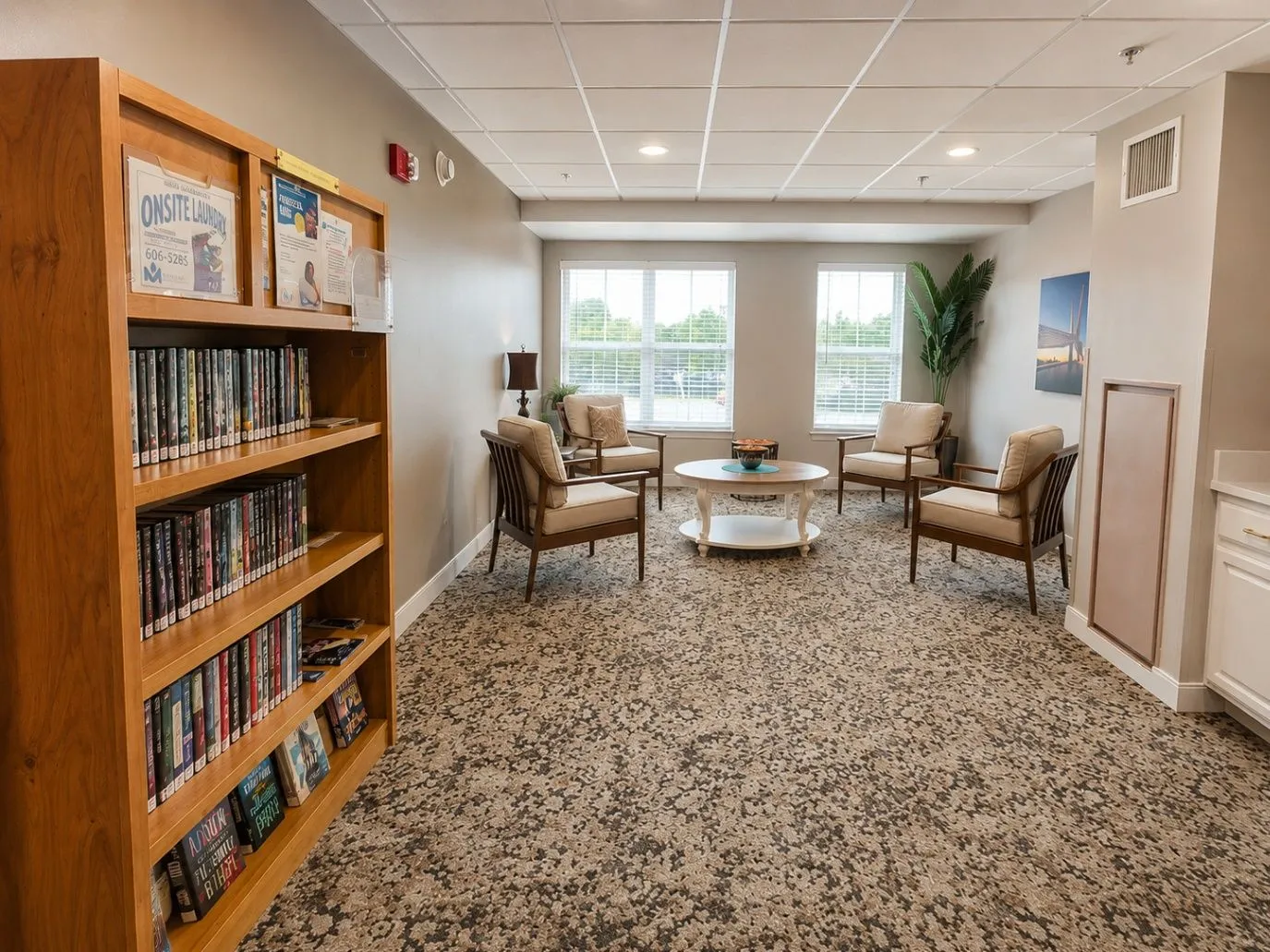 Saddlebrook reading nook with bookshelves, armchairs, and natural light